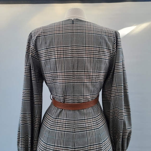 STAUD Plaid Mini Dress Size 8 Glen Check Gray Brown Faux Leather Minimalist Boho - Picture 10 of 16